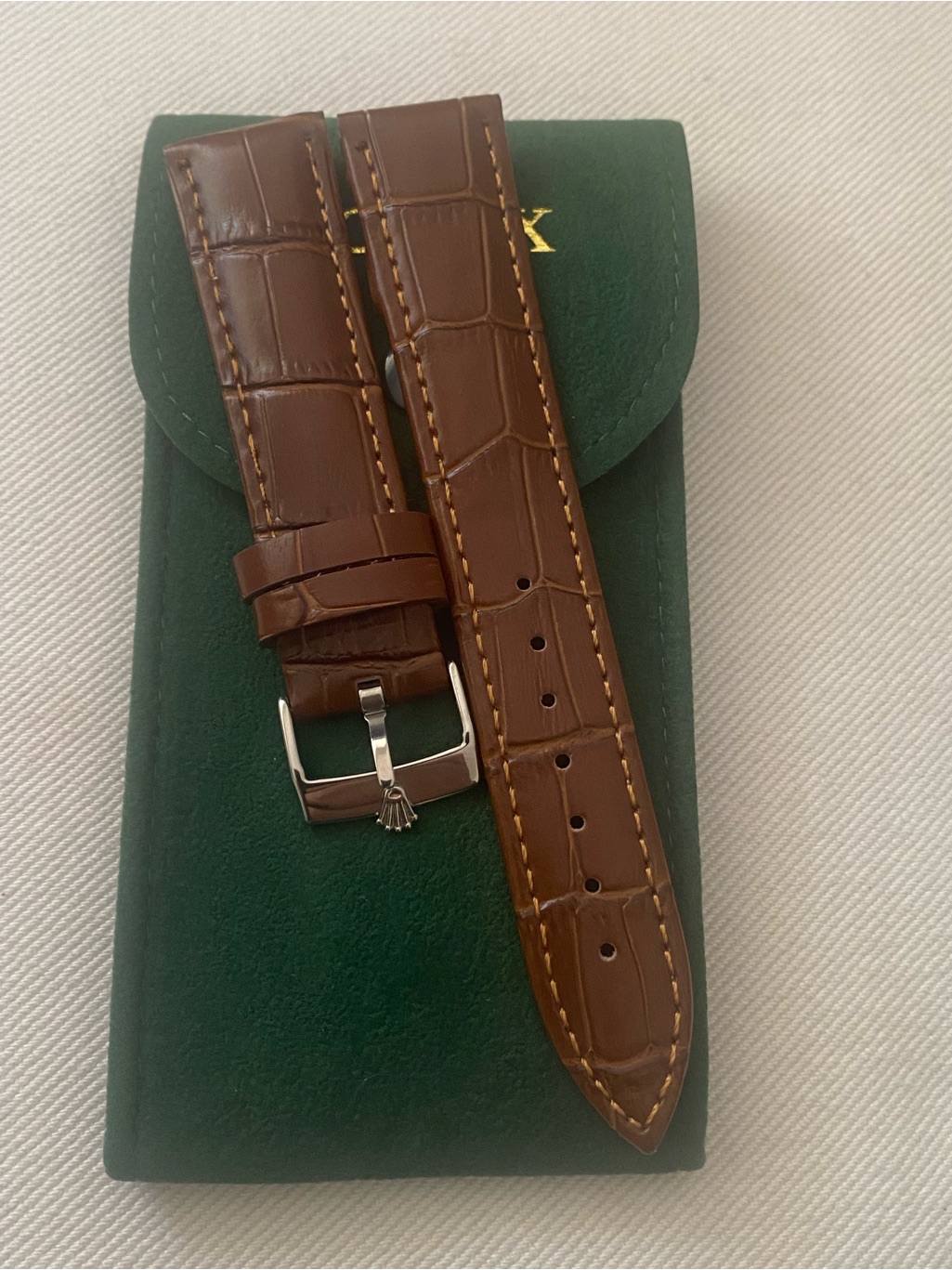 Brown Leather Watch Strap With Croc Embossing 20mm Lug Rolex Silver Plated Bu
